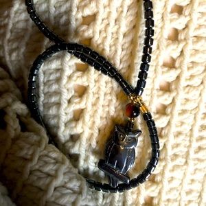 Vintage all Hematite Owl Necklace